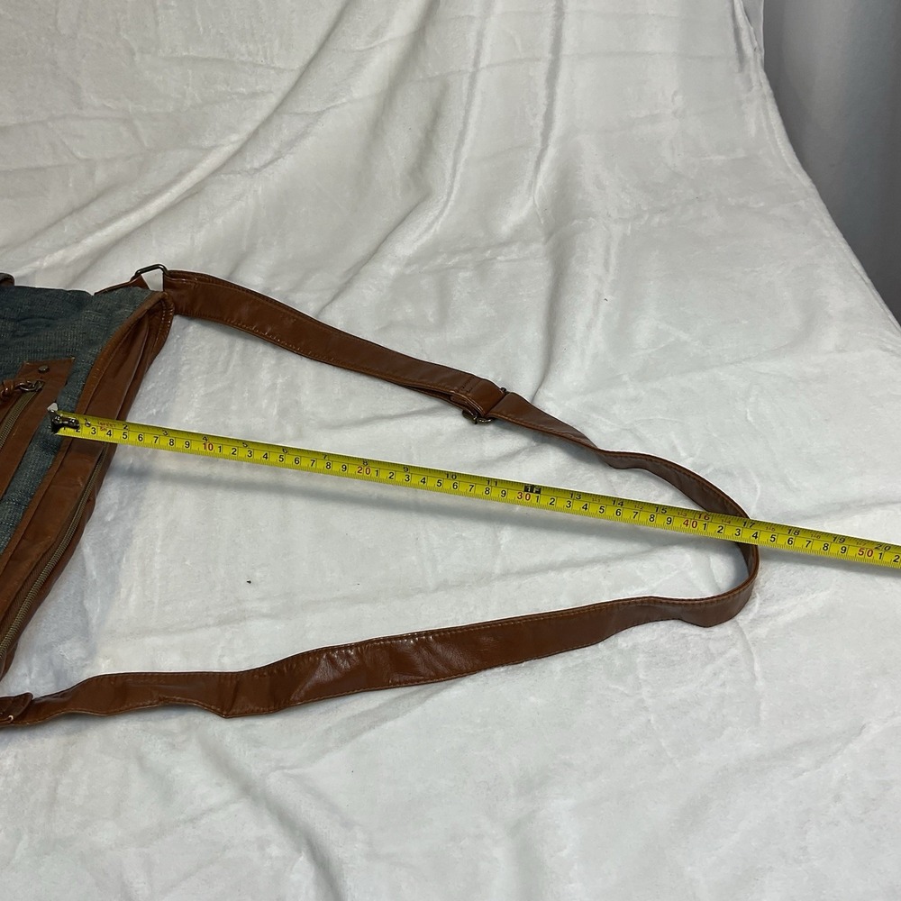 Vintage Denim Messenger Bag Brown Faux Leather Adjustable Strap Pockets 13 X 16 - Picture 7 of 8